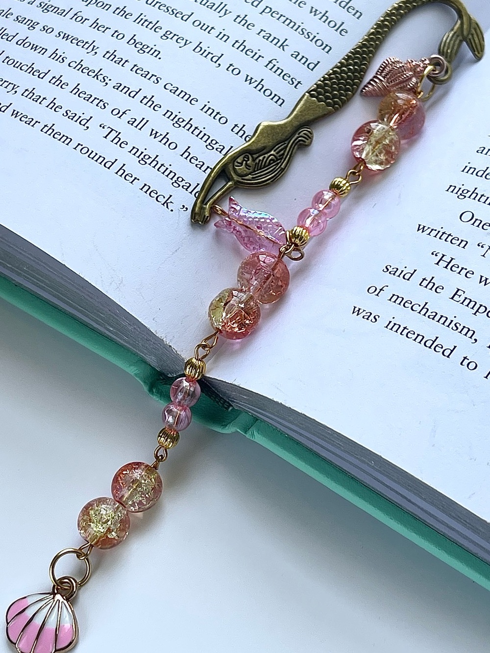 Pink Beaded Bookmark with Shell and Leaf Charms - Unbranded